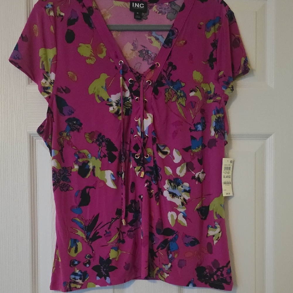 INC International Concepts Women's Floral Lace-Up Top - Magenta and Lime